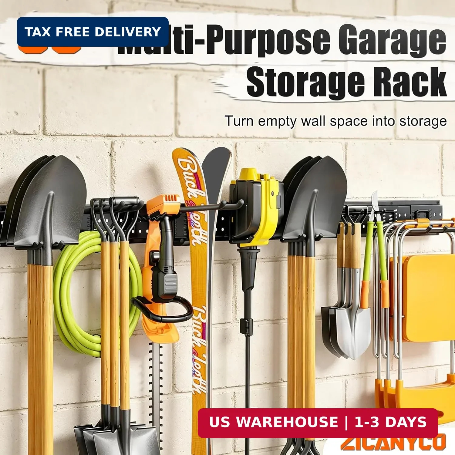 Garage Tool Organizer Wall Mount 66 inches with 13 Adjustable Heavy-Duty Hooks,
