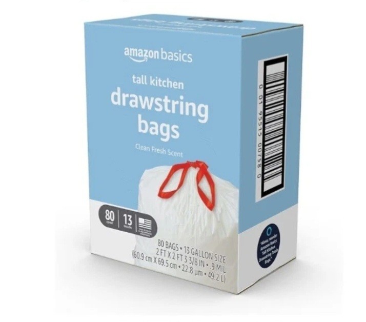 Amazon Basics Tall Kitchen Drawstring Trash Bags – 13 Gallon – 80 Count