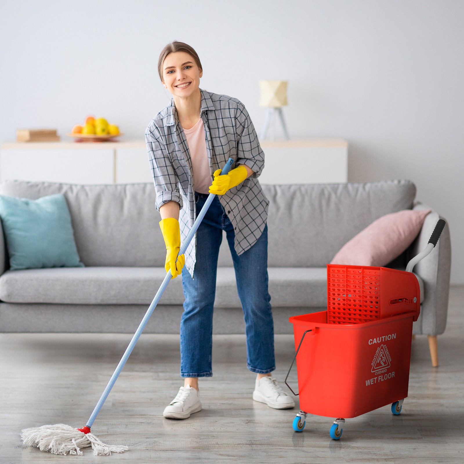 HOMCOM Mop Bucket with Wringer on Wheels for Floor Cleaning 21 Quart Red