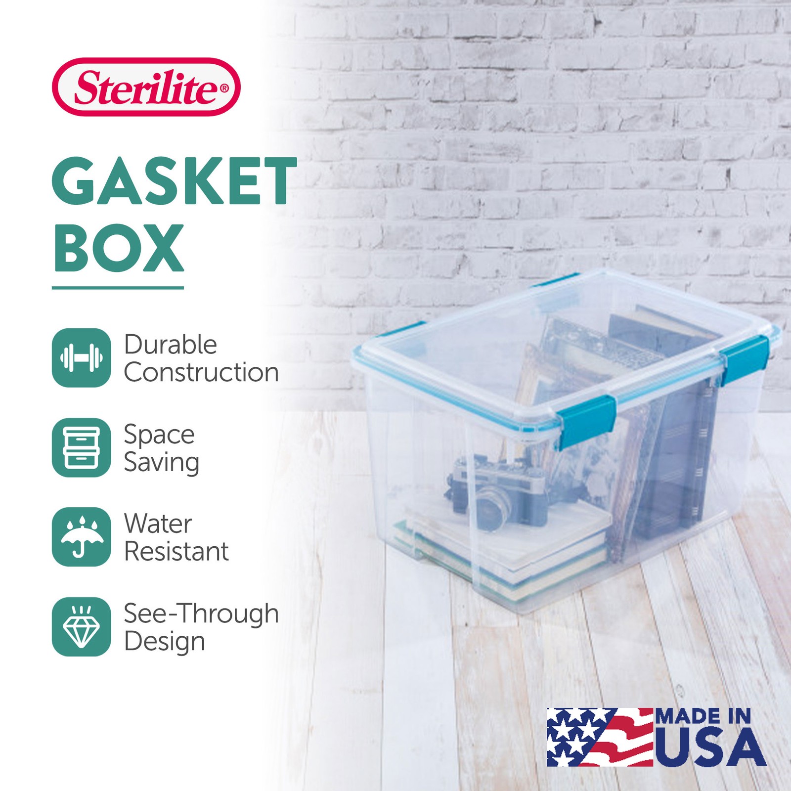 Sterilite 54 Quart Gasket Box, Stackable Storage Bin with Latching Lid, 4 Pack
