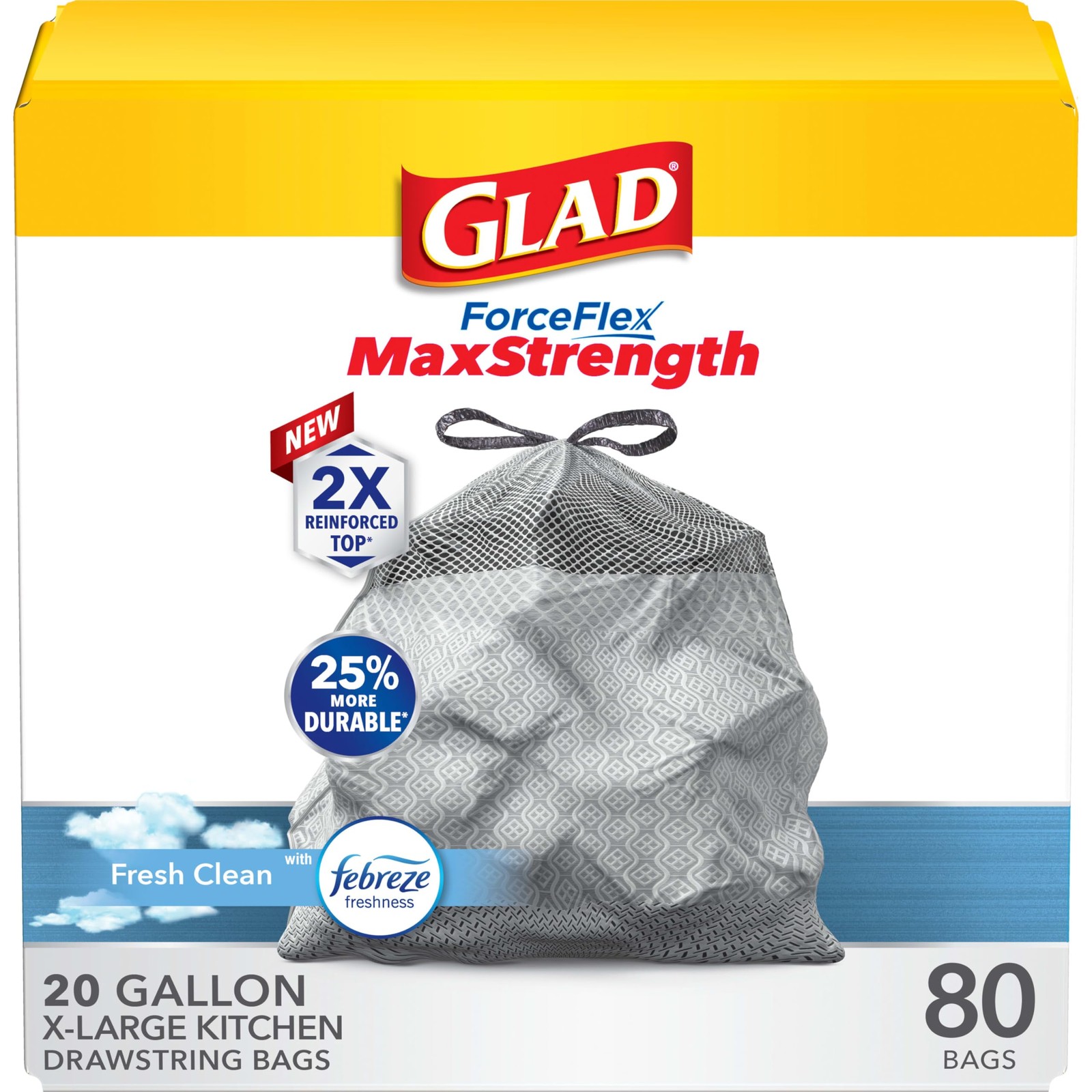 Glad ForceFlex MaxStrength Kitchen Drawstring Trash Bags, 20 Gal, 80 Ct,