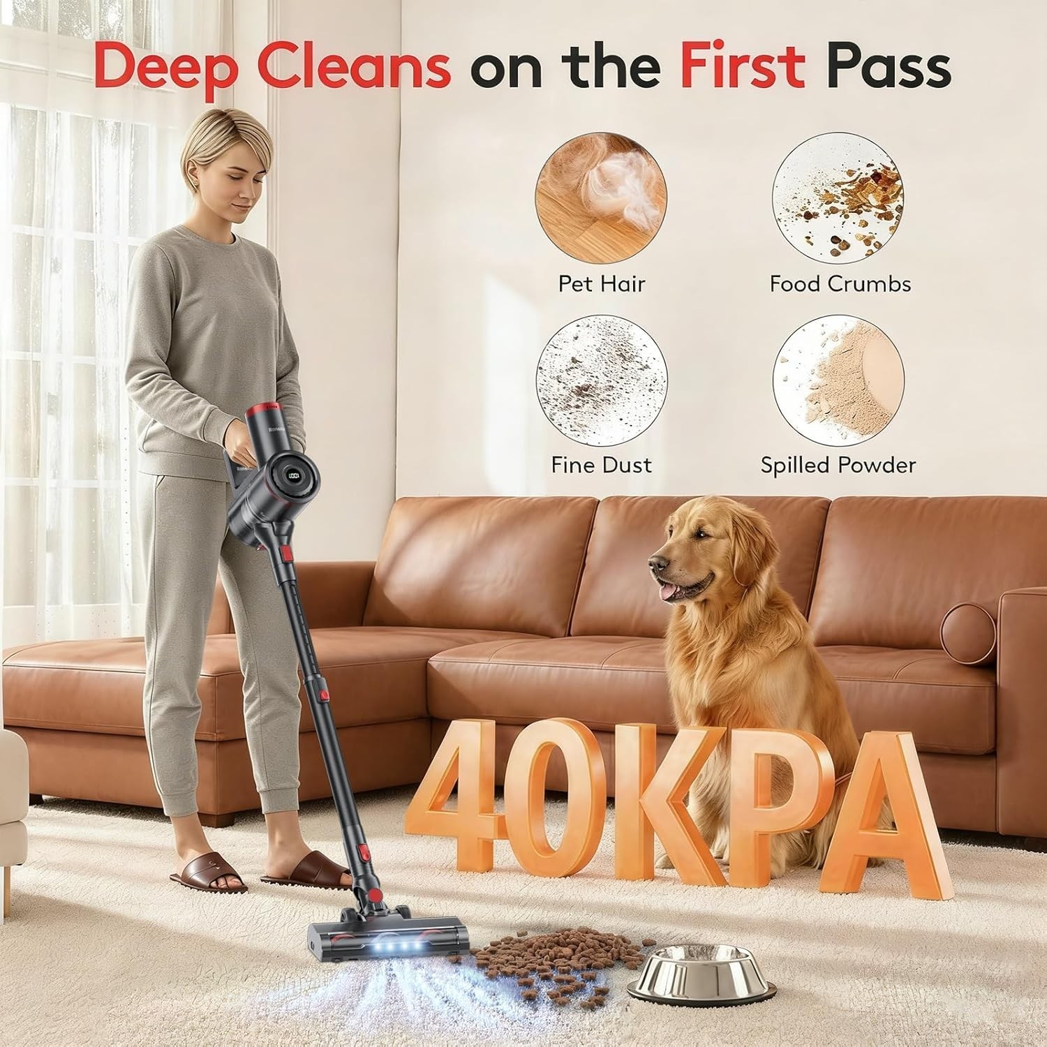RONEAIR Cordless Vacuum Cleaner 40Kpa 45Min 6-in-1 Stick Vacuum Black Lightweig