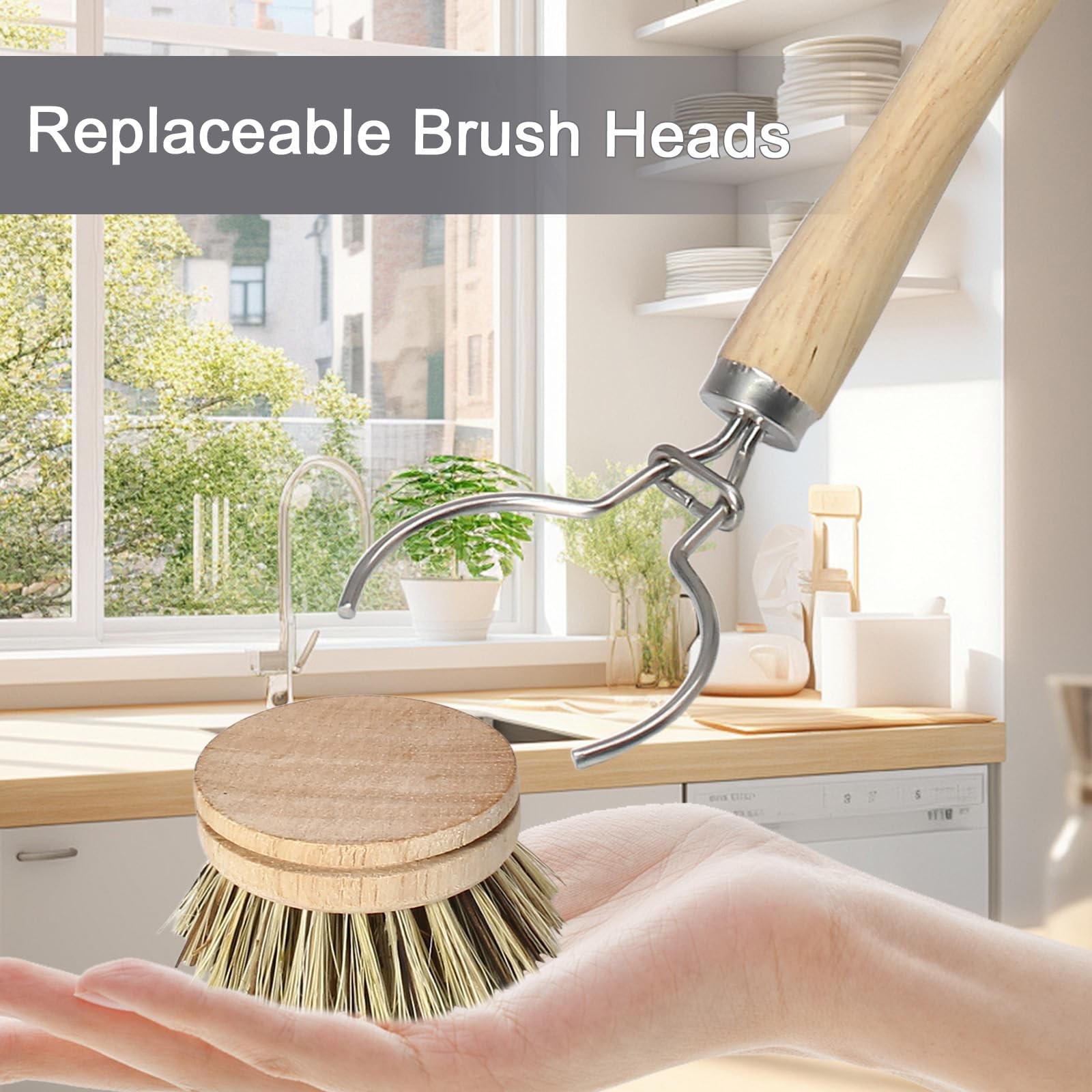 4PCS Wooden Dish Brush Set Natural Palm Bristles Wood Handle for Eco Kitchen