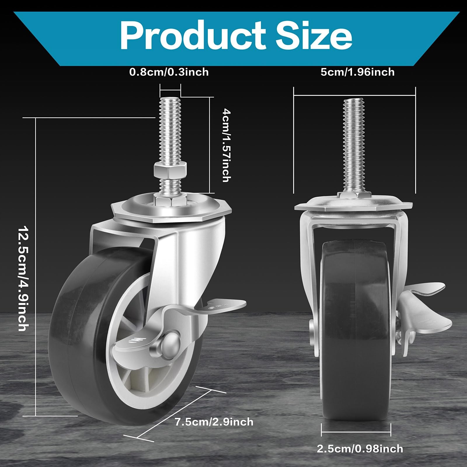 NISUSK 3 Inch Heavy Duty Stem Casters Swivel Wheels with Brake 3/8″ 16 x 11/…