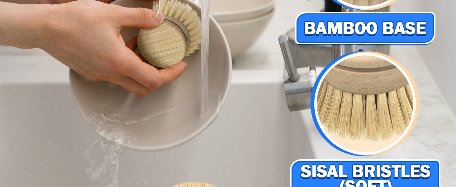 5 Pcs Bamboo Dish Brush Set, Non-Scratch Bristles, Replacement Head | Bamboo