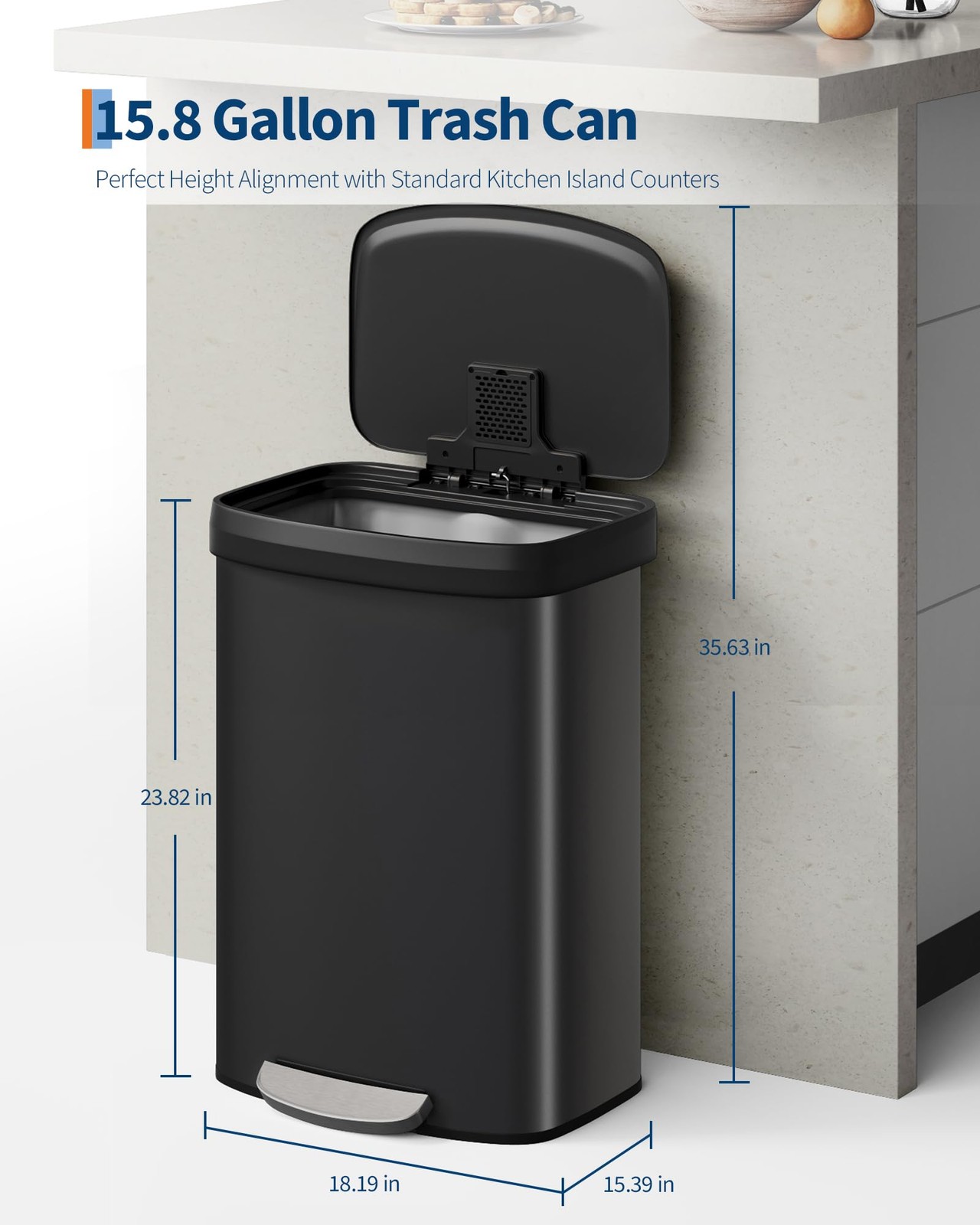 Touch-Free 60L Stainless Steel Step Trash Can 16 Gallon Soft-Close Lid Waste Bin