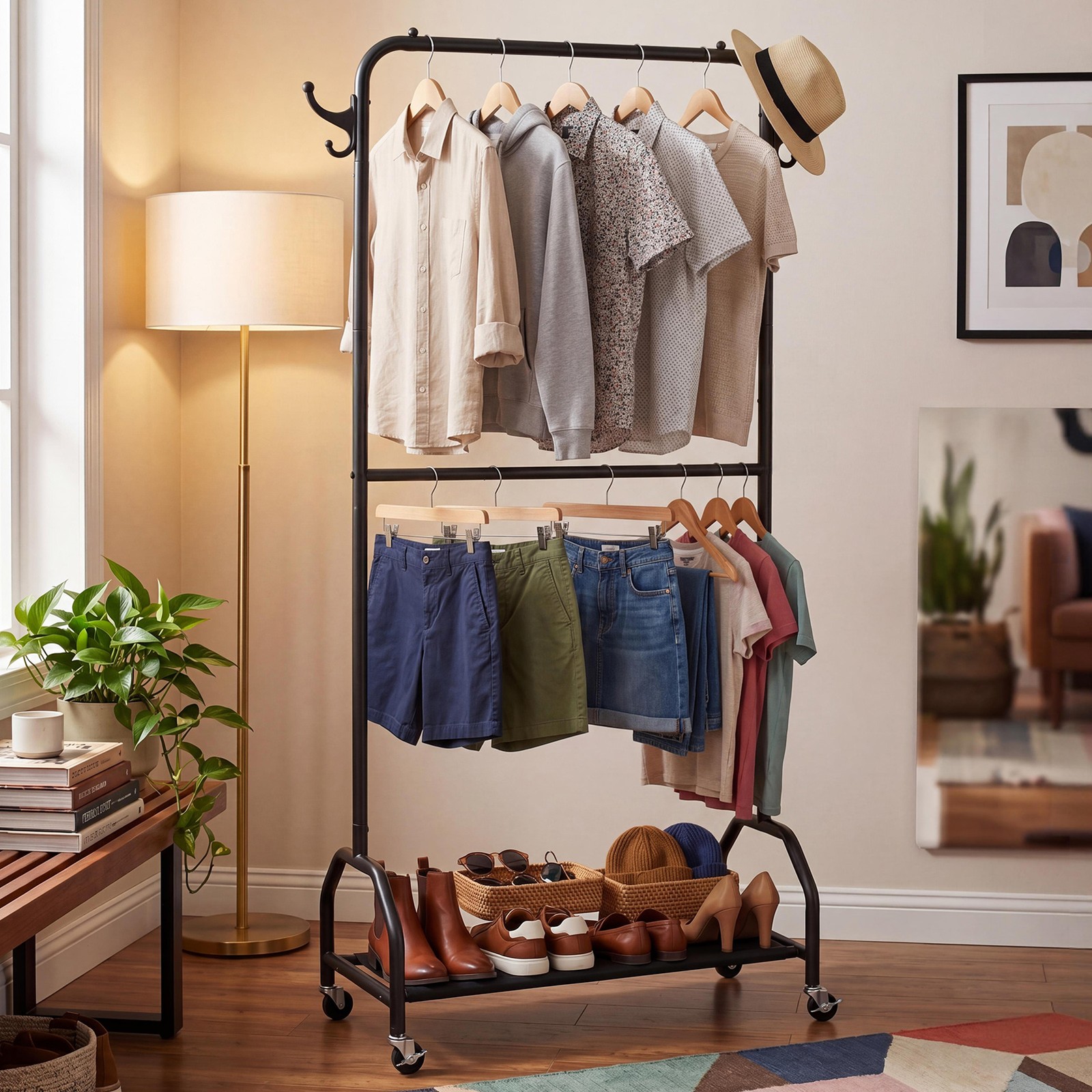 Double Rod Hanging Clothes Rack Oxford Cloth Bottom Shelf Shoe Organizer