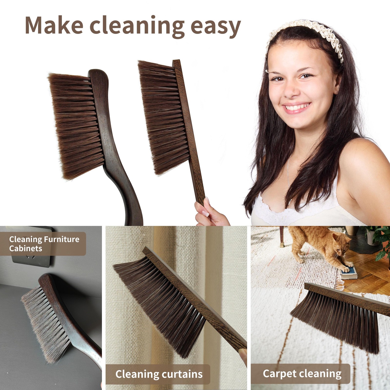 Hand Broom Brush, Dust Brush for Cleaning, Wood 14.2″ x 3.5″ x 1.1″, Brown