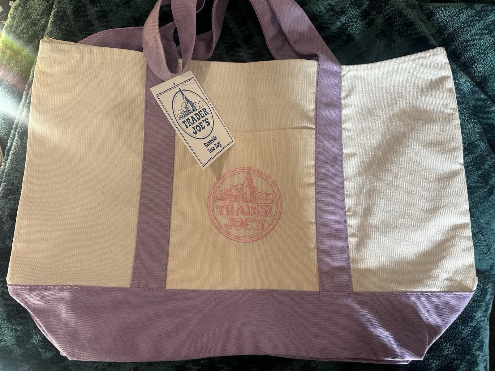 Trader Joe’s Canvas Tote Bag Purple/Beige Reusable 51cm x 36cm x 15cm