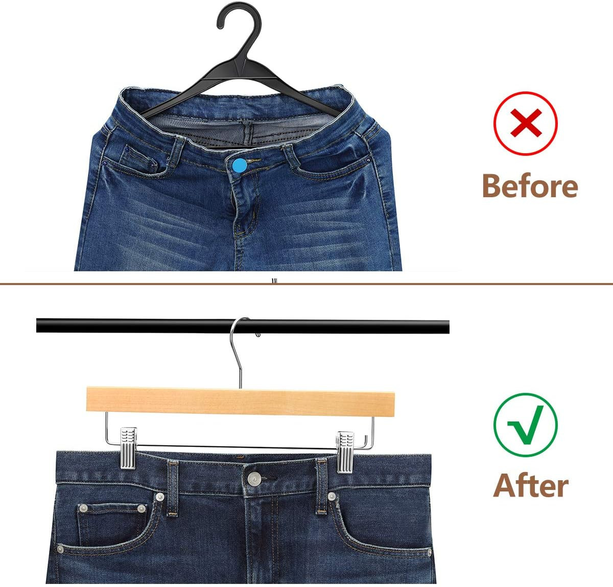 20Pcs Wooden Pants Hangers Solid Pants Hanger with Adjustable Clips 14 Inch Natu