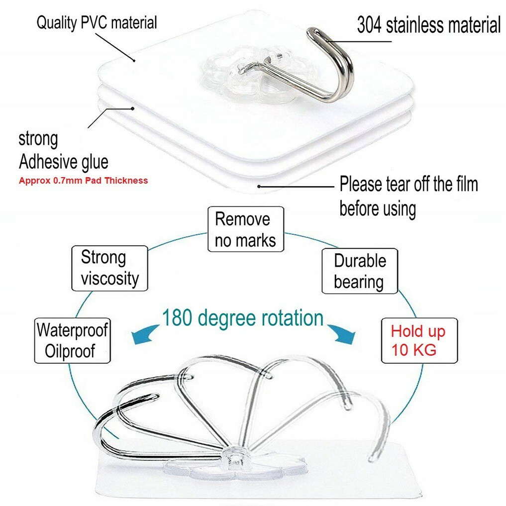 20-40pcs Adhesive Sticky Hooks Heavy Duty Clear Wall Seamless Hooks Hangers US