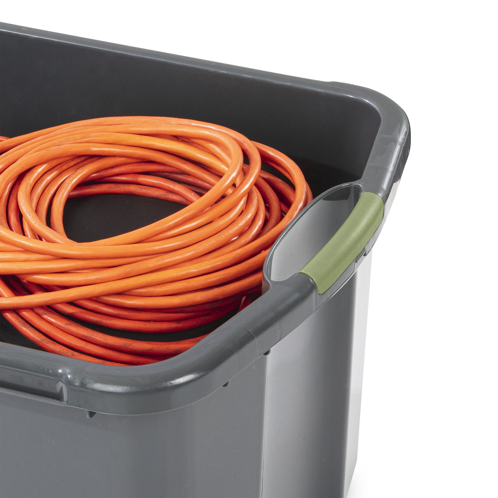 30 Gal. EZ Carry, Clear Plastic Storage Bin, Full-Grip Handles, Gray/Green
