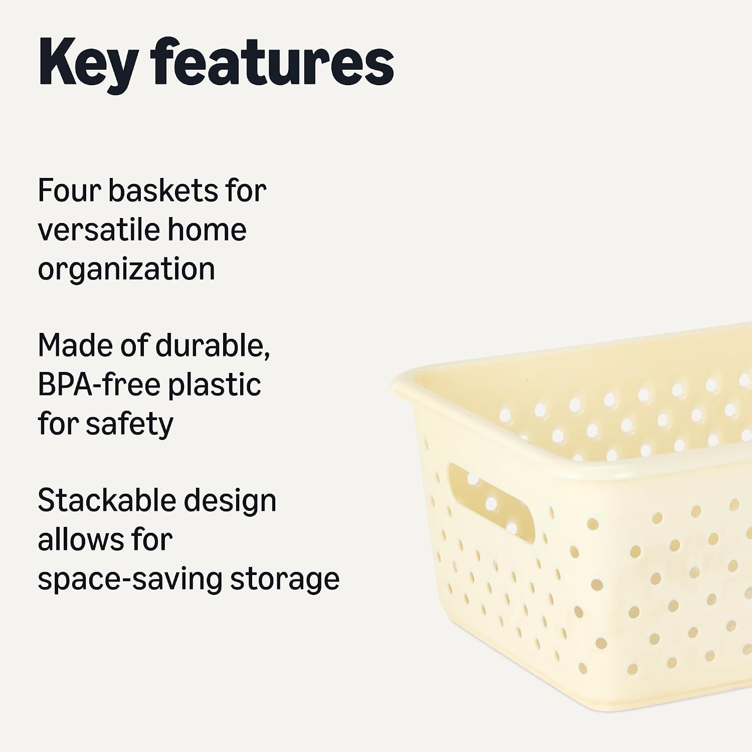 Decorative BPA-Free Plastic Storage Baskets 9.9 x 7.4 x 4.16 in Ivory 6-Pack