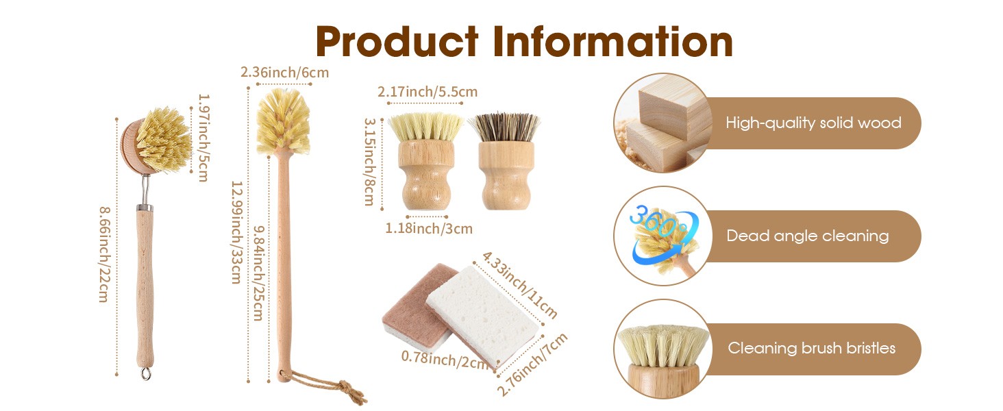6 Pack Bamboo Dish Brush & Sponge Set, Wooden Handle Kitchen Scrub Brushes with