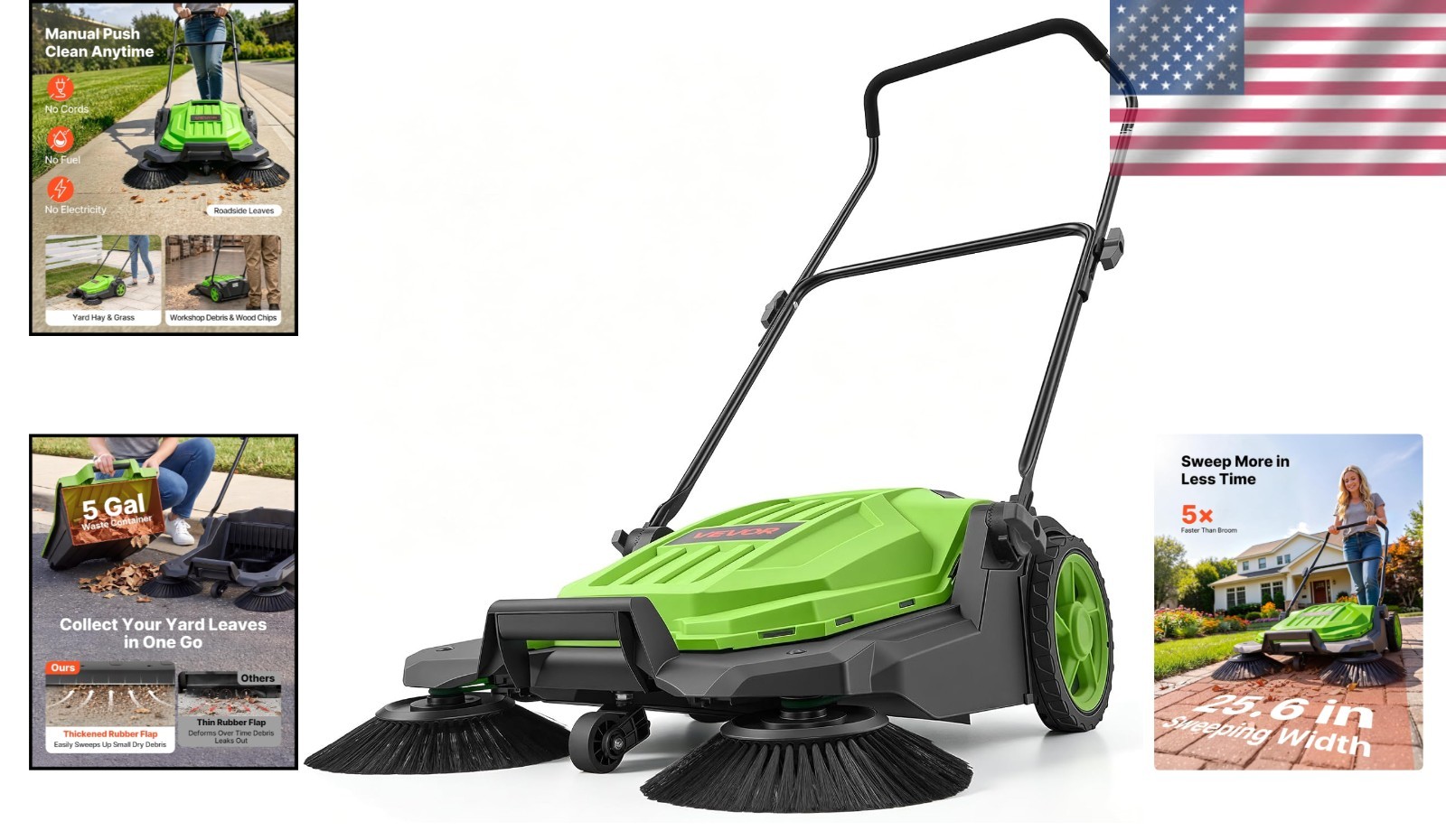Pro Floor Sweeper, Manual Push, 25.6″ Wide, 5 Gal Bin, Ergonomic Folding Handle