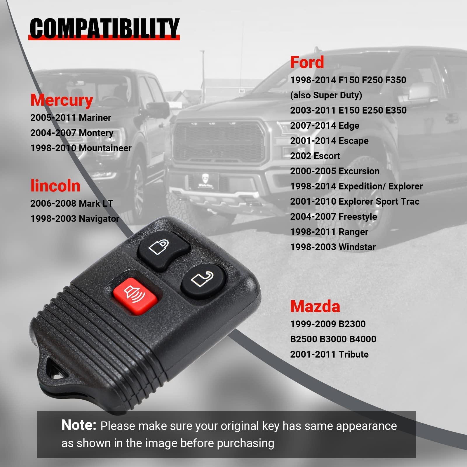 2 Packs 3 Button Keyless Entry Remote Key Fob with Ford F150 F250 F350 Escape…