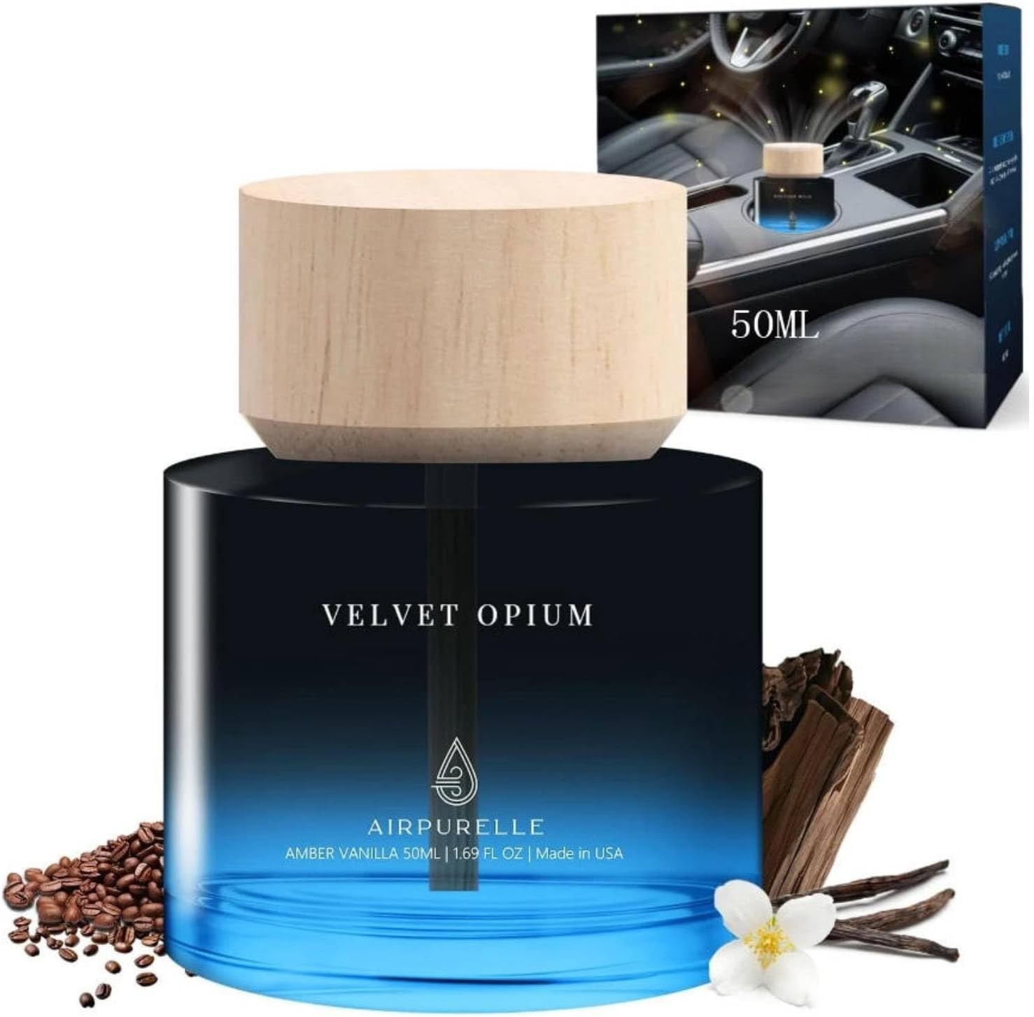 Car Air Freshener Amber Vanilla Diffuser 50ML 1.7 FL OZ Wooden Cup Long Lasting