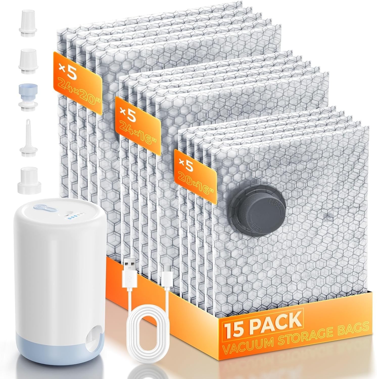 15 Pack Travel Vacuum Bags with Rechargeable Wireless Pump, Clothing Seal Org US