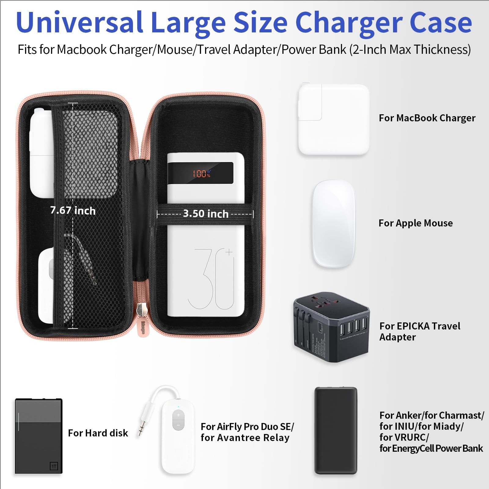 Rose Gold Electronics Organizer, 8.5×4.5×2 in, Travel Case, Cord, Charger
