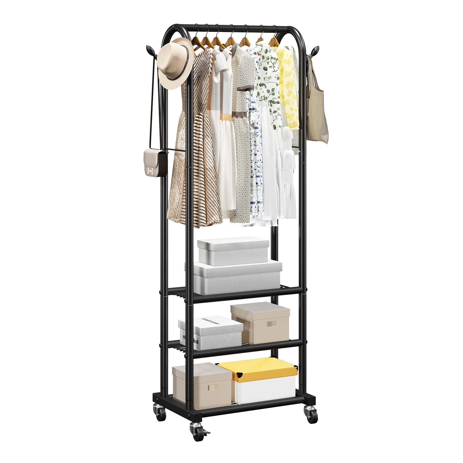 Uimoso Rolling Garment Rack Clothes Rack 3 Shelves & Hooks with Wheels , 99 lbs