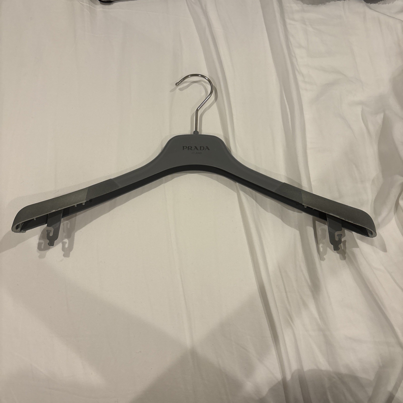 PRADA MILANO Gray Plastic w Velvet On Ends Clothes Mainetti Hanger Made In Italy