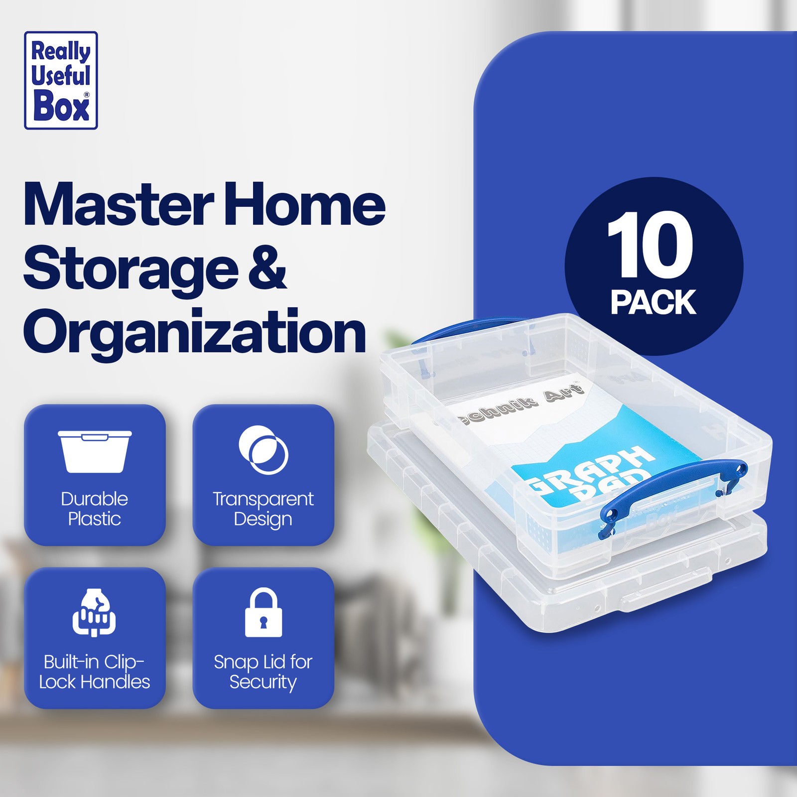 Really Useful Box 4L Storage Container with Lid and Clip Lock Handles, (10 Pack)