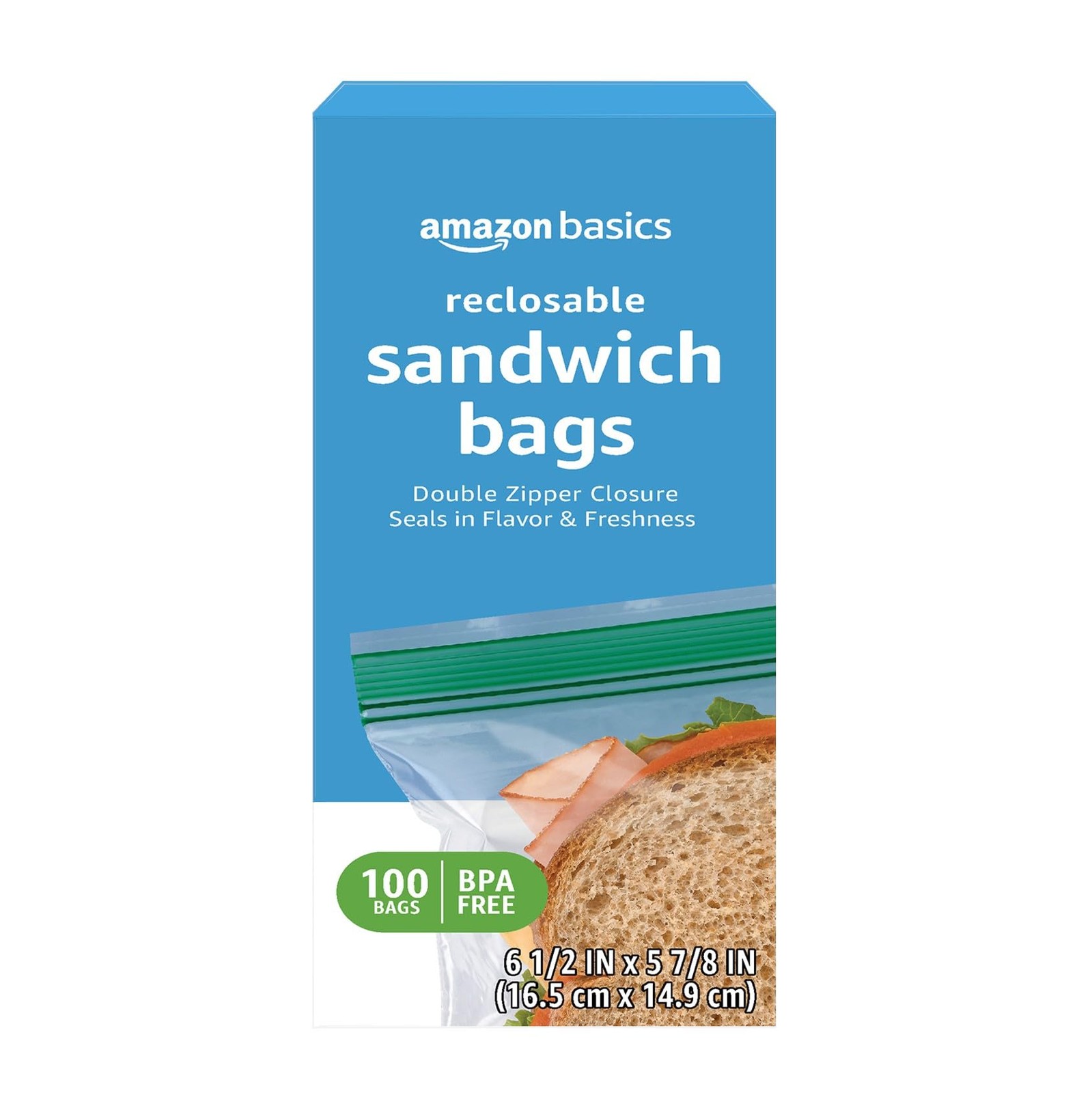 Amazon Basics Reclosable Double Zipper Sandwich 100 Count (Pack of 1), clear