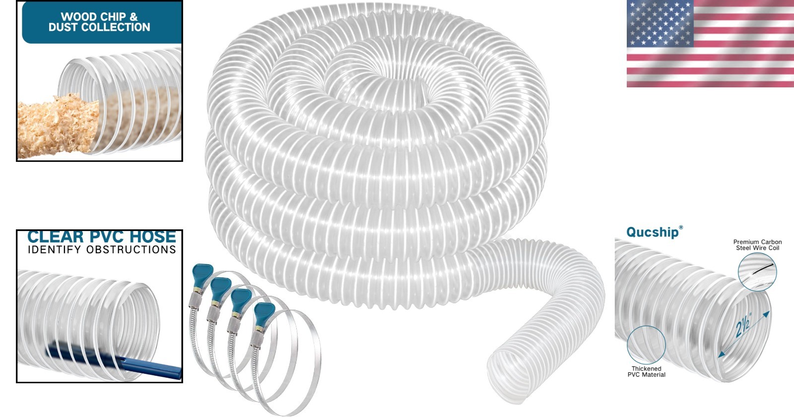 Puncture Resistant 20′ PVC Dust Collector Hose with Clear View & 4 Easy Clamps
