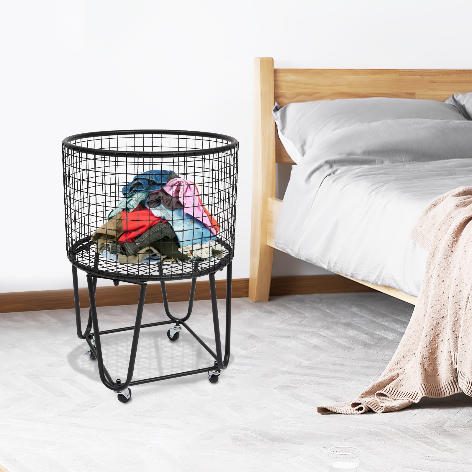 Modern Metal Laundry Basket Clothes Hamper Bathroom Bedroom Rolling Storage Cart
