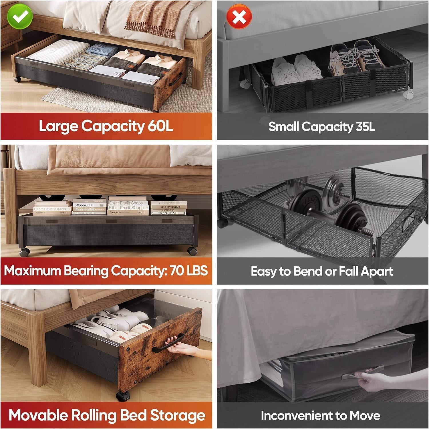 25.6in Under Bed Storage with Wheels 2 Pack Rolling Organizer Bags Clothes Shoes