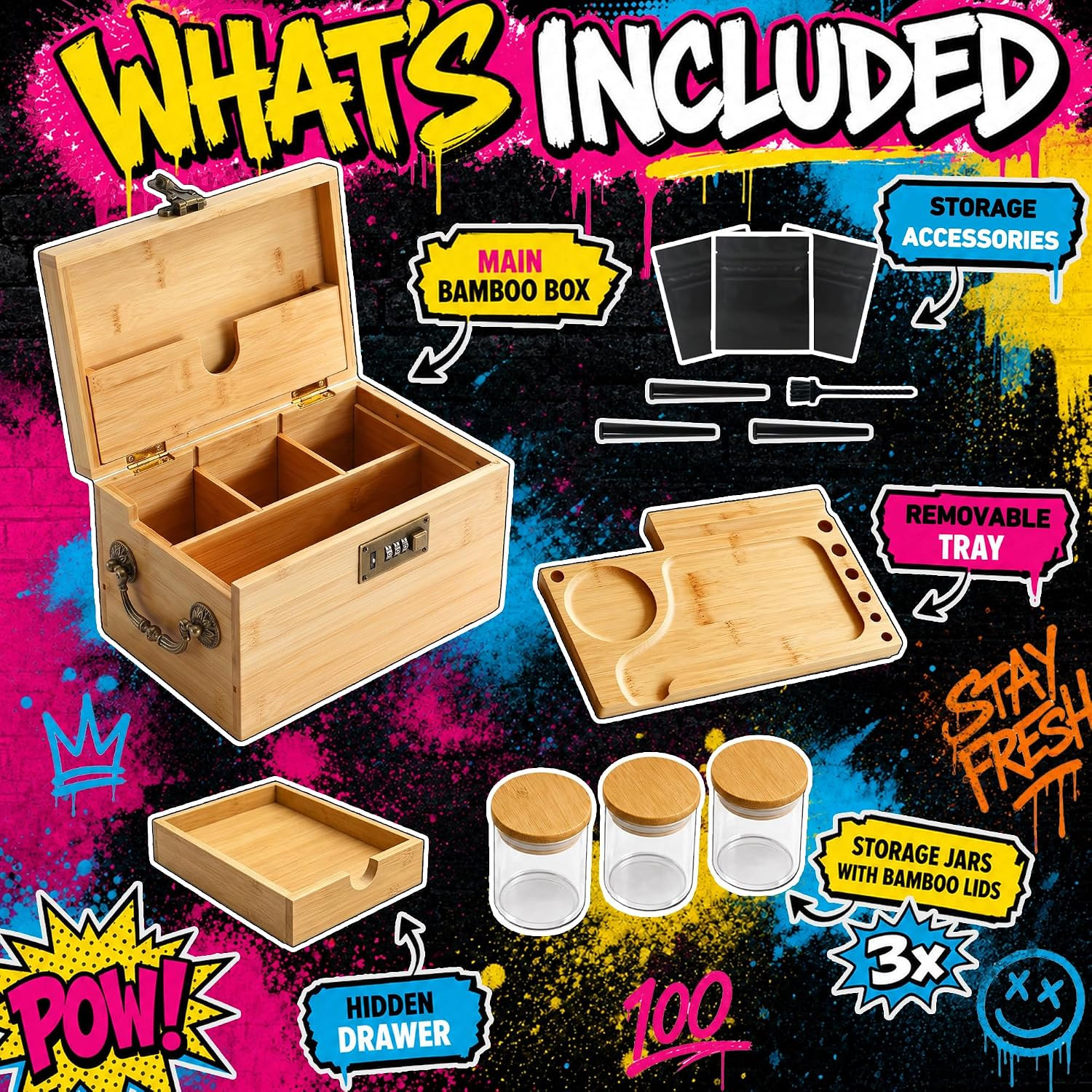 Large Bamboo Storage Box with Combination Lock & Hidden Drawer- Premium Smell