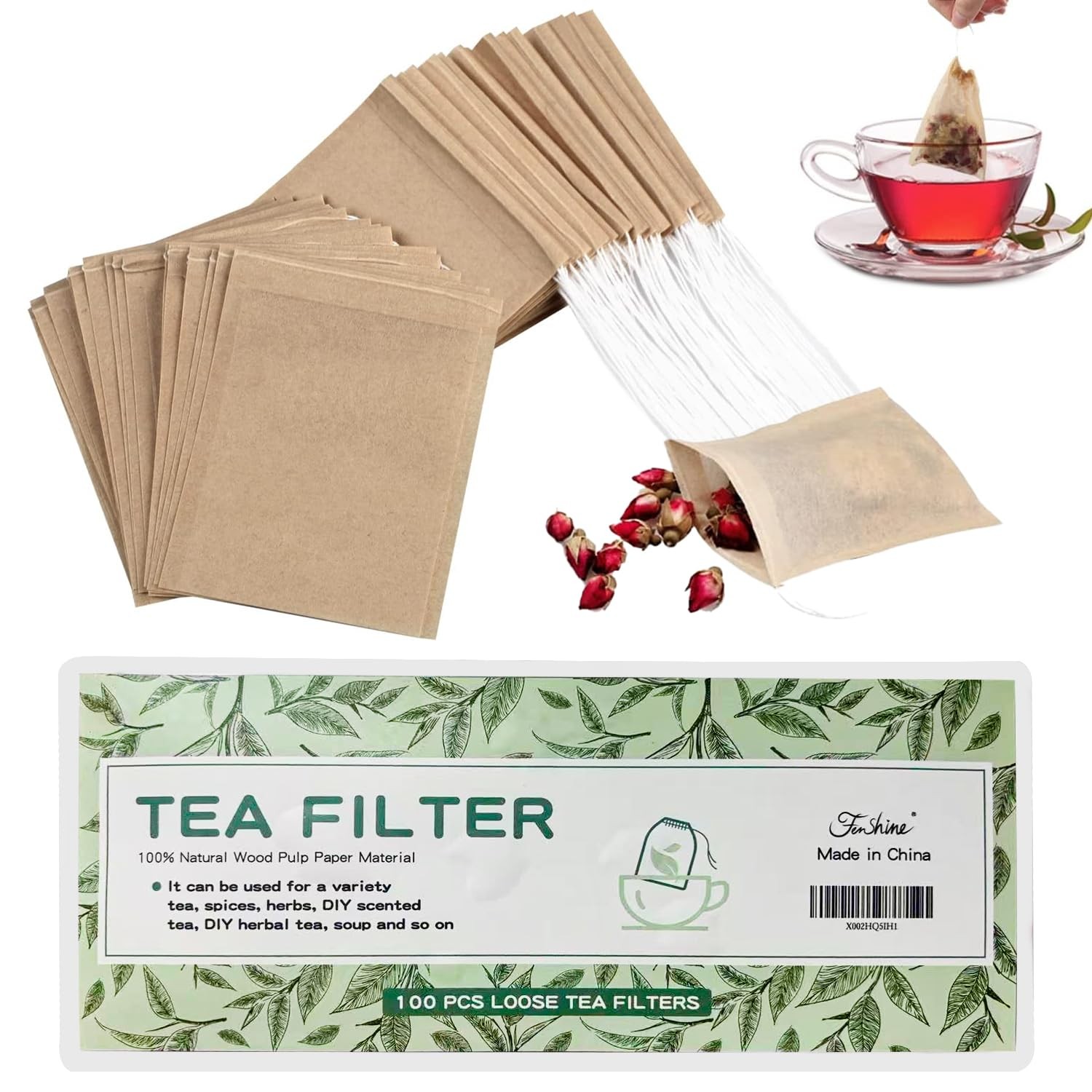 100Pcs Disposable Tea Bags for 3.54″ x 2.75″ 100pcs Wood Pulp Paper, Brown
