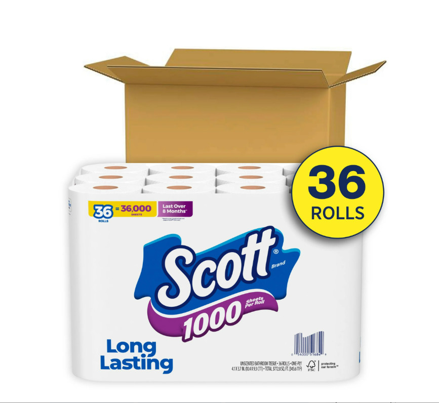 Scott 1000 Toilet Paper, 36 Rolls, 1,000 Sheets per Roll