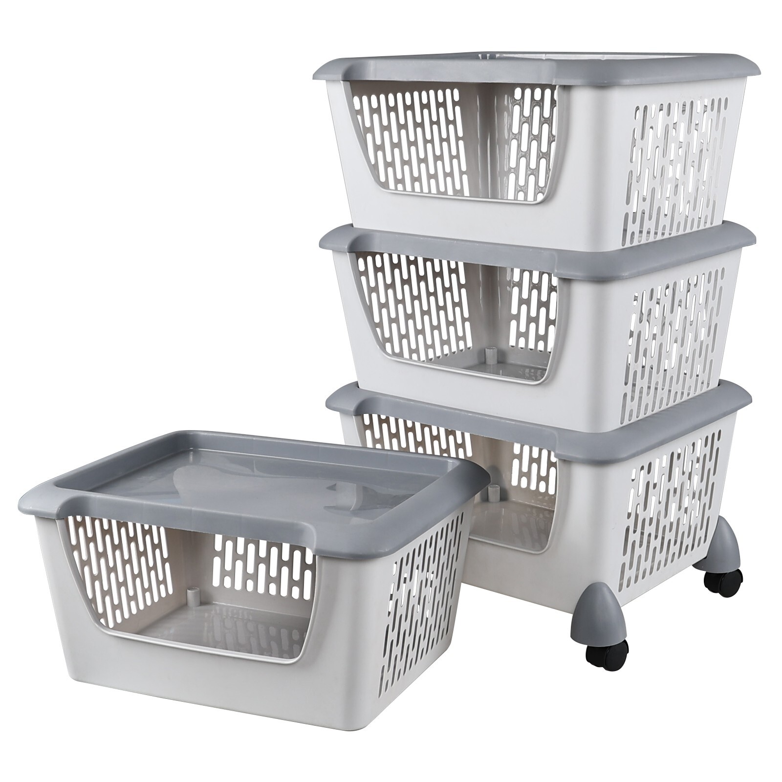 Idotry 4-Packs Plastic Stackable Storage Bins – Large Storage Basket with Wheels