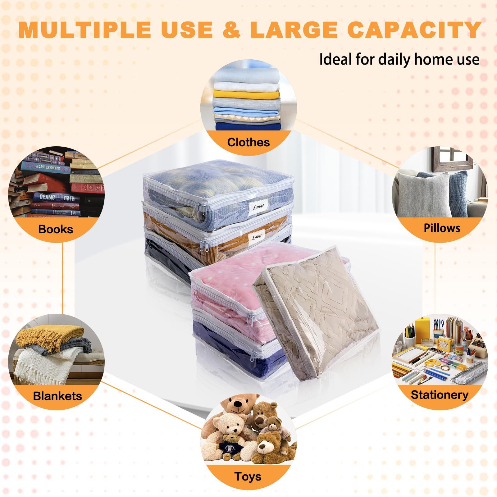 6 PCS 15.7×13.8×3.9 Inch White Clear Plastic Zippered Sweater Storage Bags