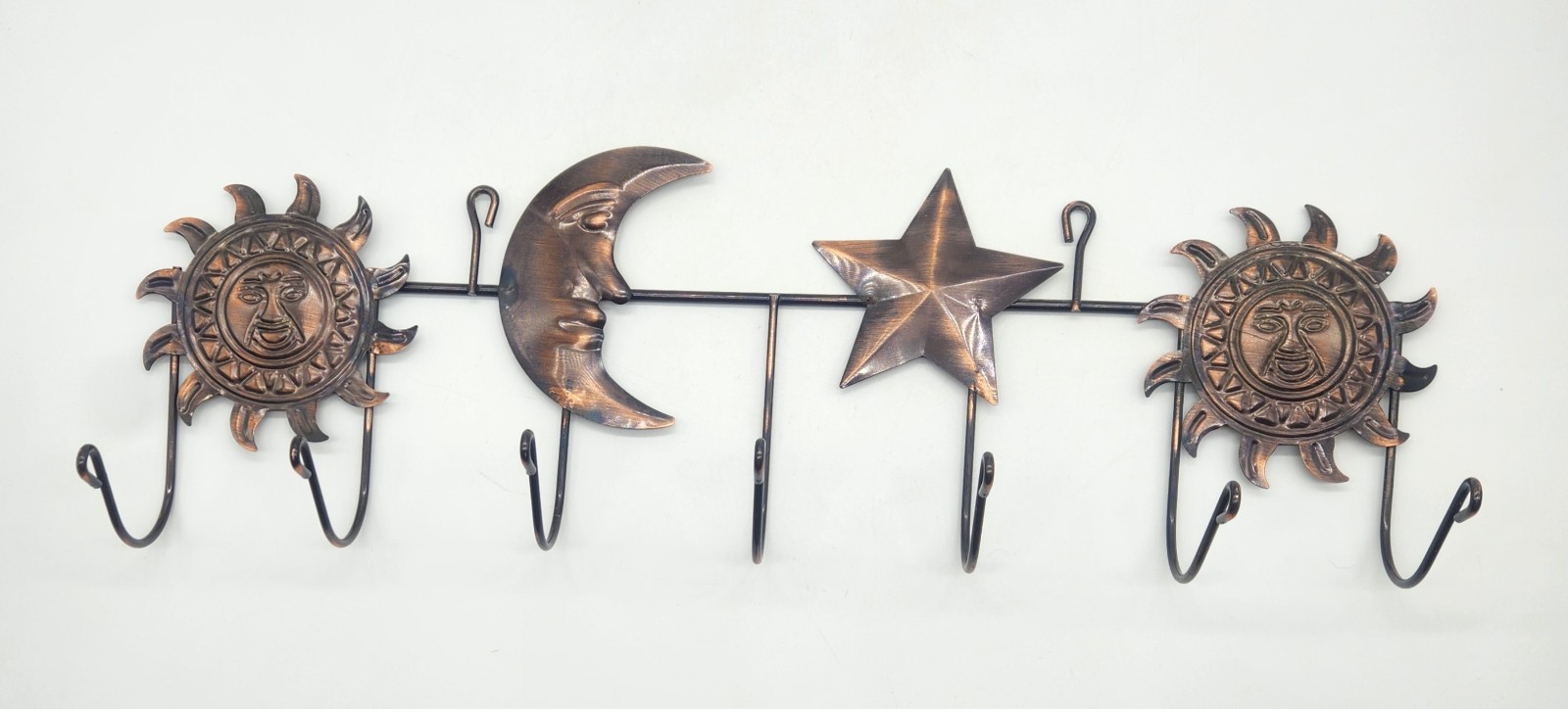 Celestial Sun Moon Star Metal Wall Hook Rack 7 Hooks Rustic Bronze Decor