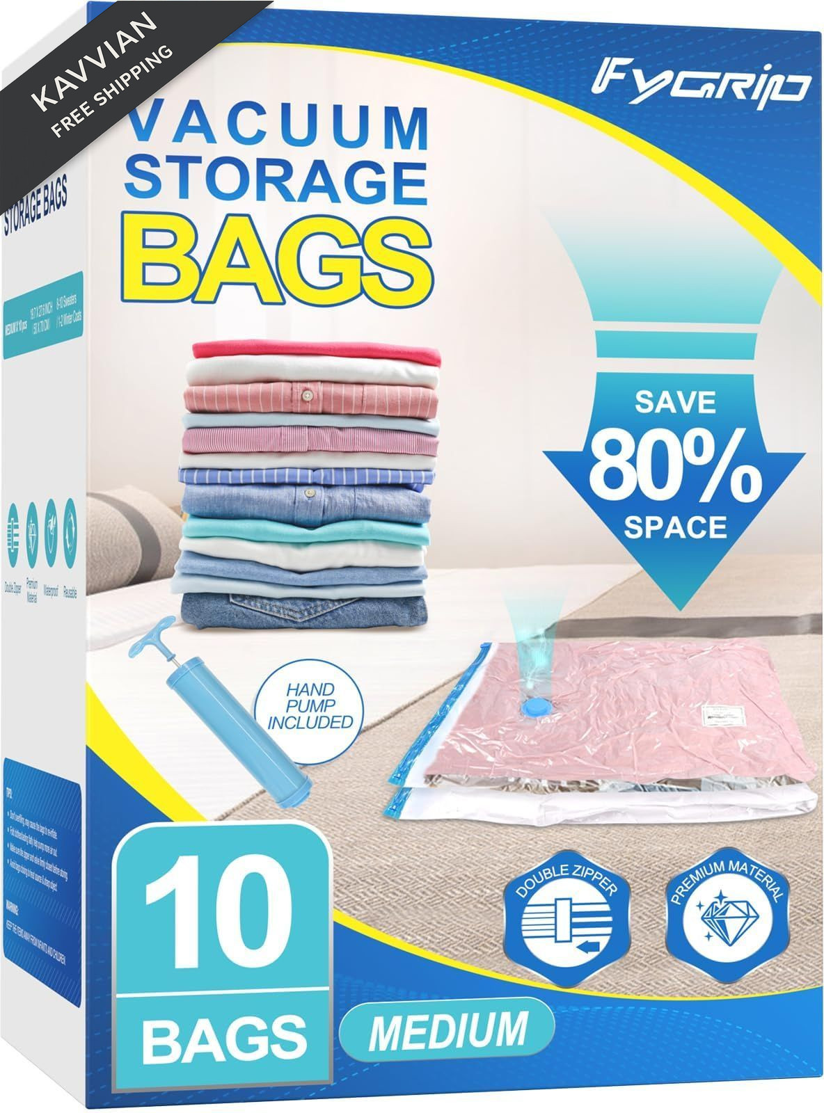 Fygrip Vacuum Storage Bags with Hand Pump, Plastic Packaging 10 Medium, Clear
