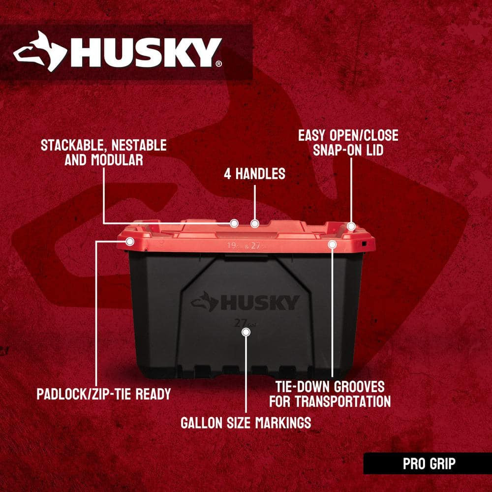 Husky 27 Gallon Storage Tote Bin Heavy Duty Stackable Lockable Lid Black Red