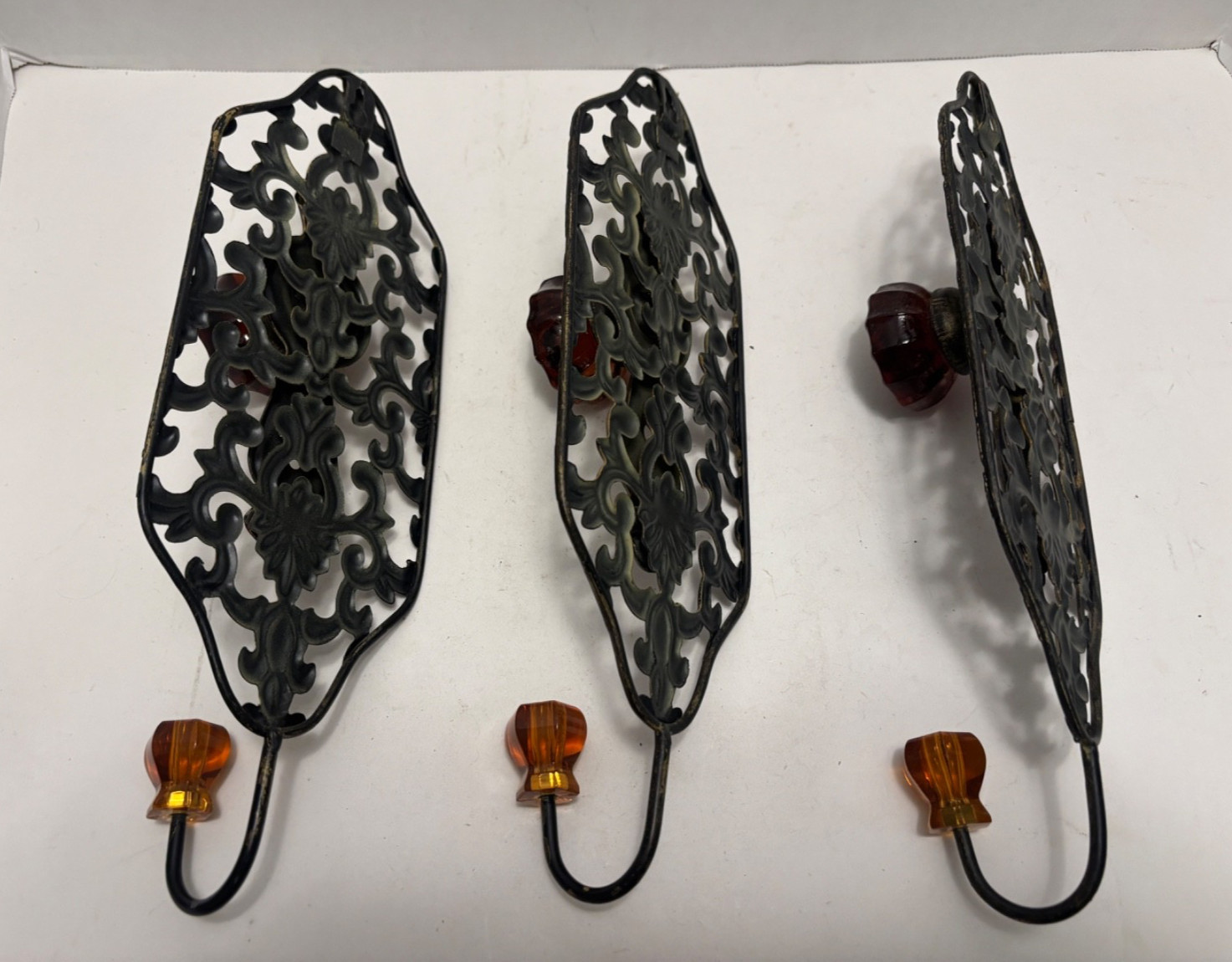 1,2 or 3 Vtg Style WALL HOOK(s) Amber Glass Door Knob Keyhole Scroll Back Hanger