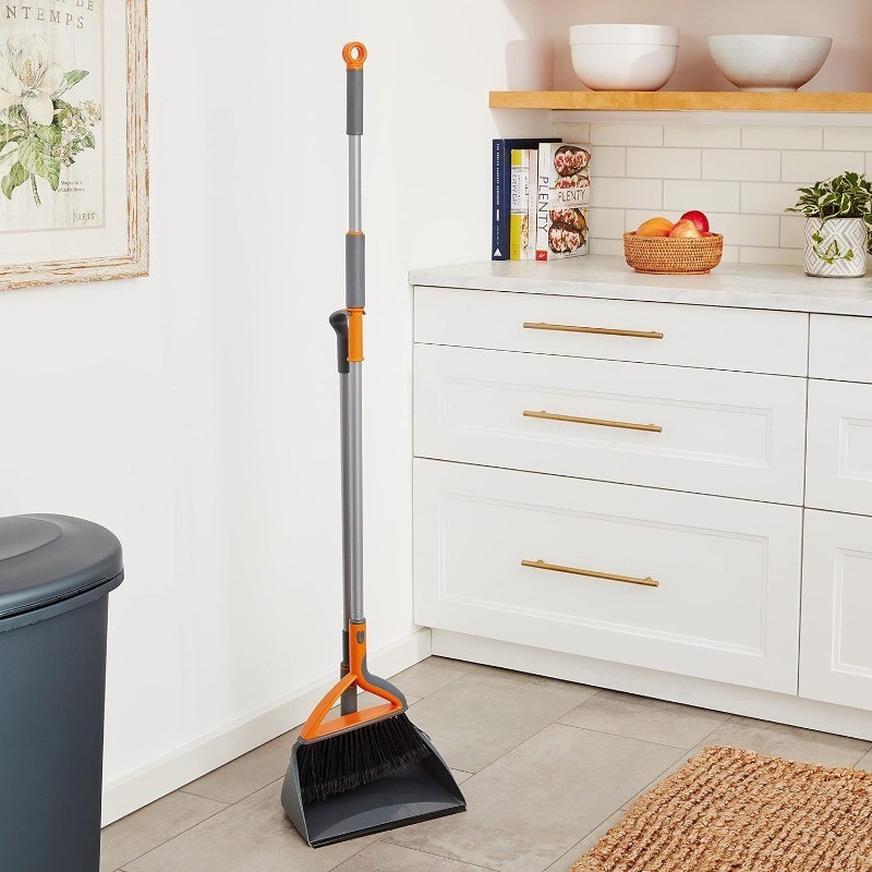 Casabella Quick ‘n Easy Upright Broom and Dustpan Set, Gray/Orange
