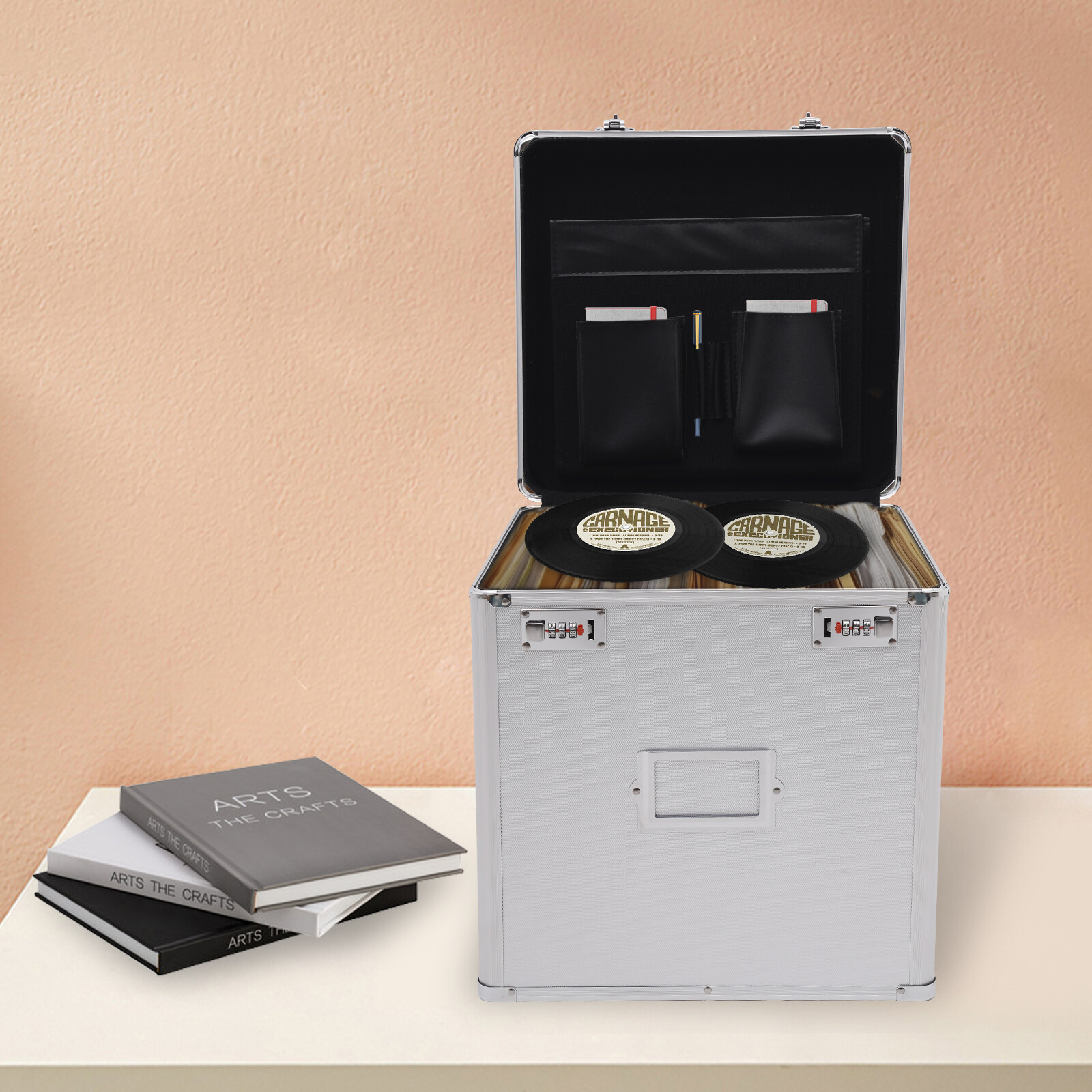 Tabletop Record Vinyl Carry Case Storage Box Locking with 50 Vinyl Record Silver