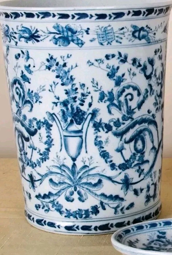 Blue And White Azure Porcelain Wastebasket Trash Can-8” x 10”H