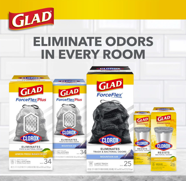 Glad Medium Drawstring Trash Bags with Clorox, 8 Gallon, Lemon Fresh Bleach 80CT