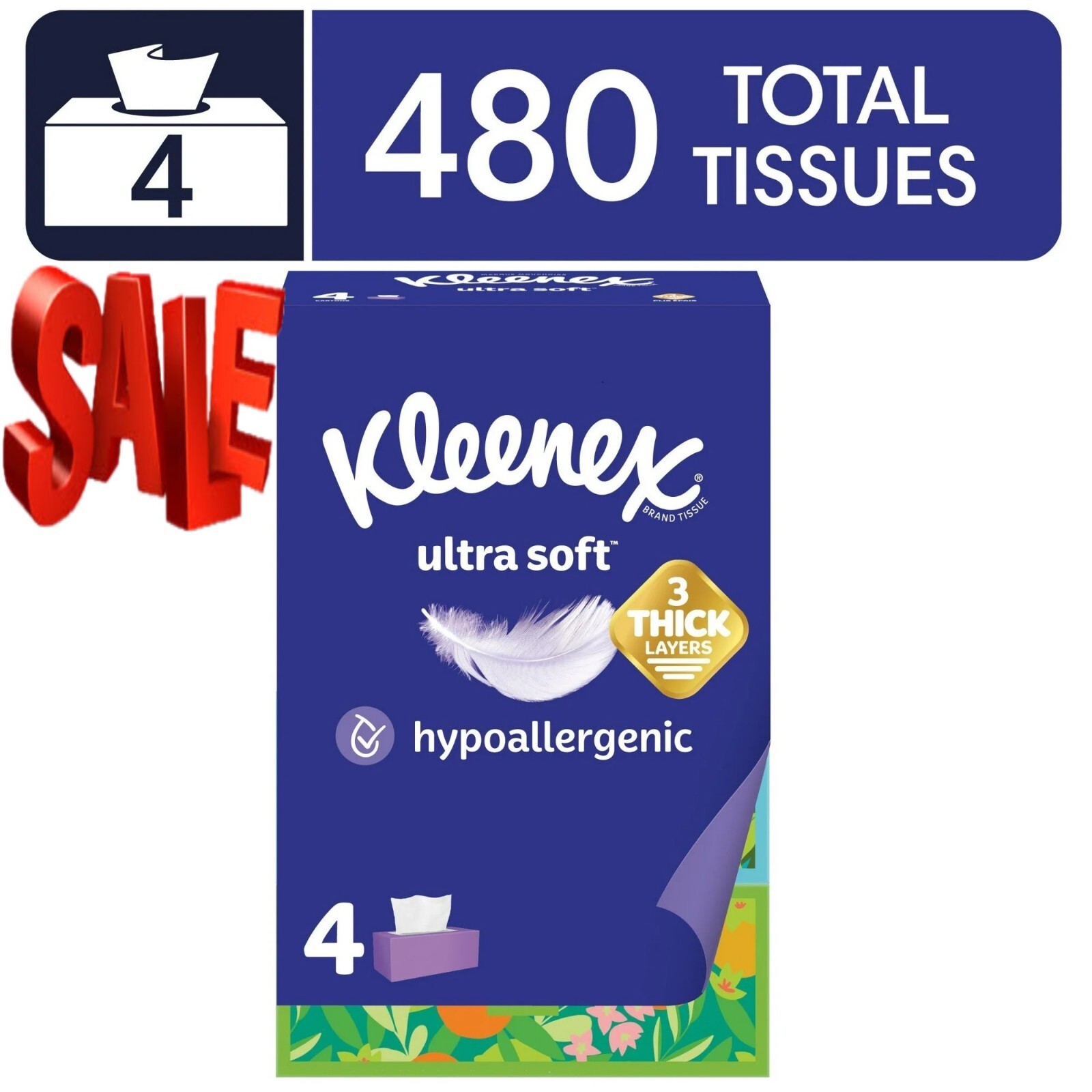 Kleenex Ultra Soft Facial Tissues, 4 Flat Boxes, 120 Tissues per Box, 3-Ply