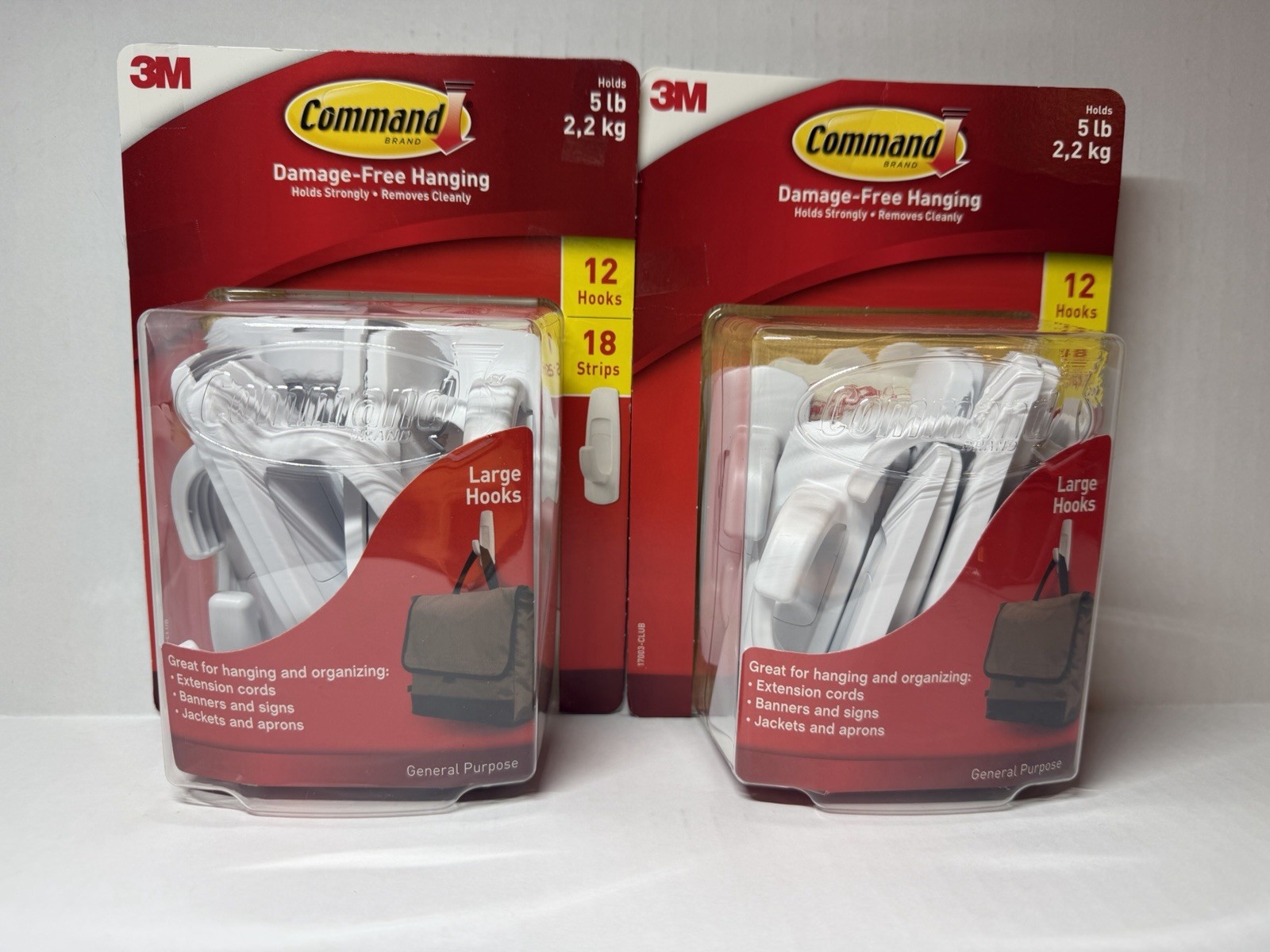 New Command Large Hooks – 12 Hooks, 18 Strips – Lot of 2 Packs – White