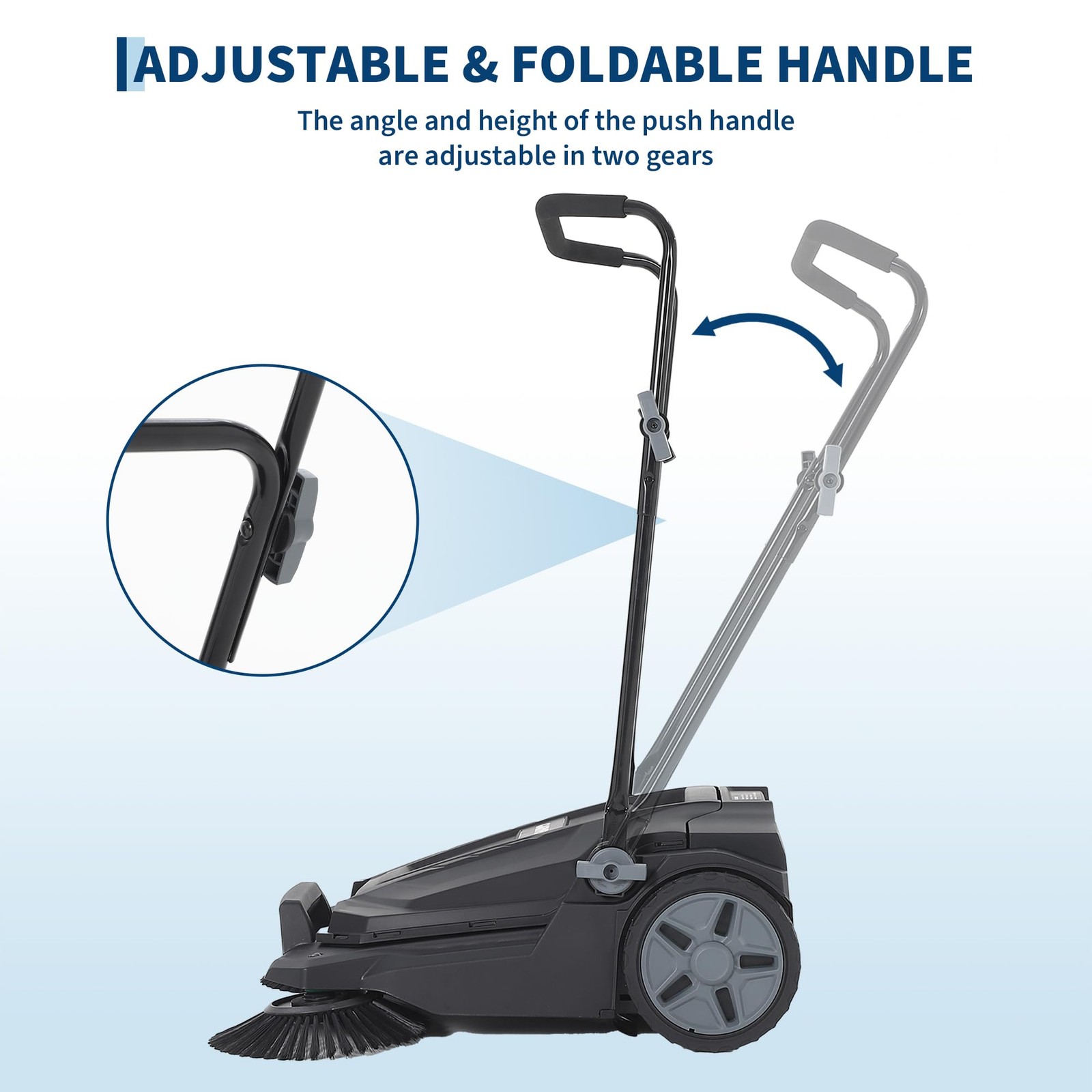 New Floor Sweeper Walk Behind Hand Push 25.6 Inch Width 5 Gal Waste Container