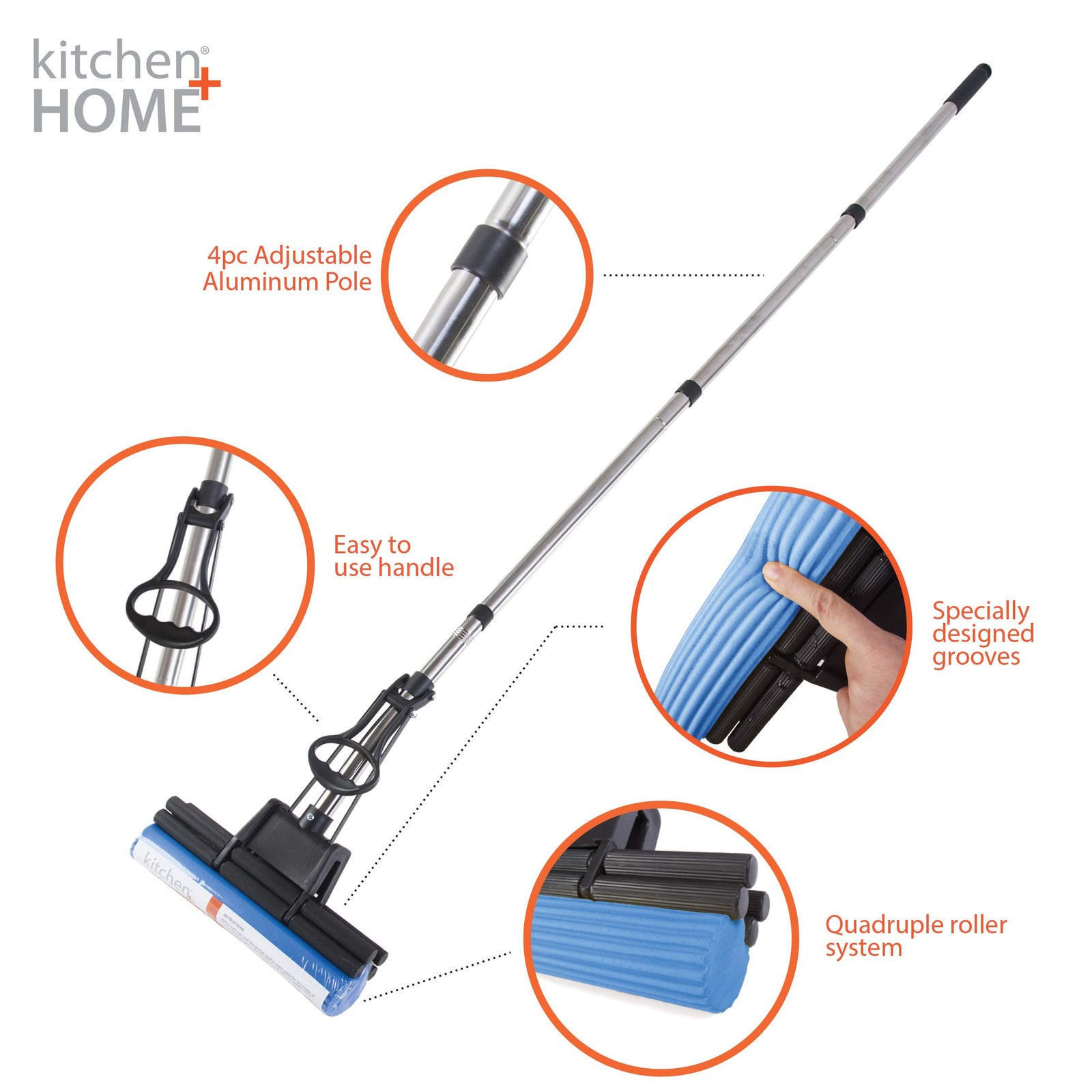 Kitchen + Home PVA Sponge Roller Mop – 11″ 1 Count (Pack of 1), Blue/Black