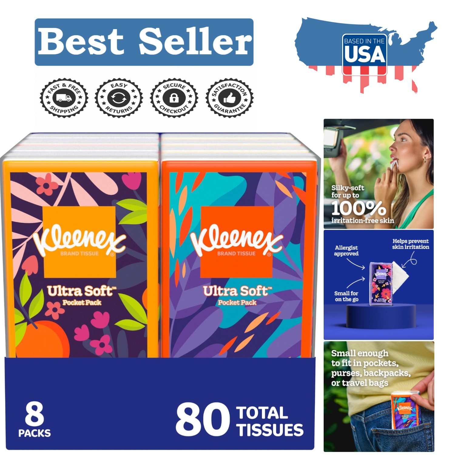 Convenient Travel Pack of Kleenex Facial Tissues, 8 Sets of 10, Ultra Absorbent