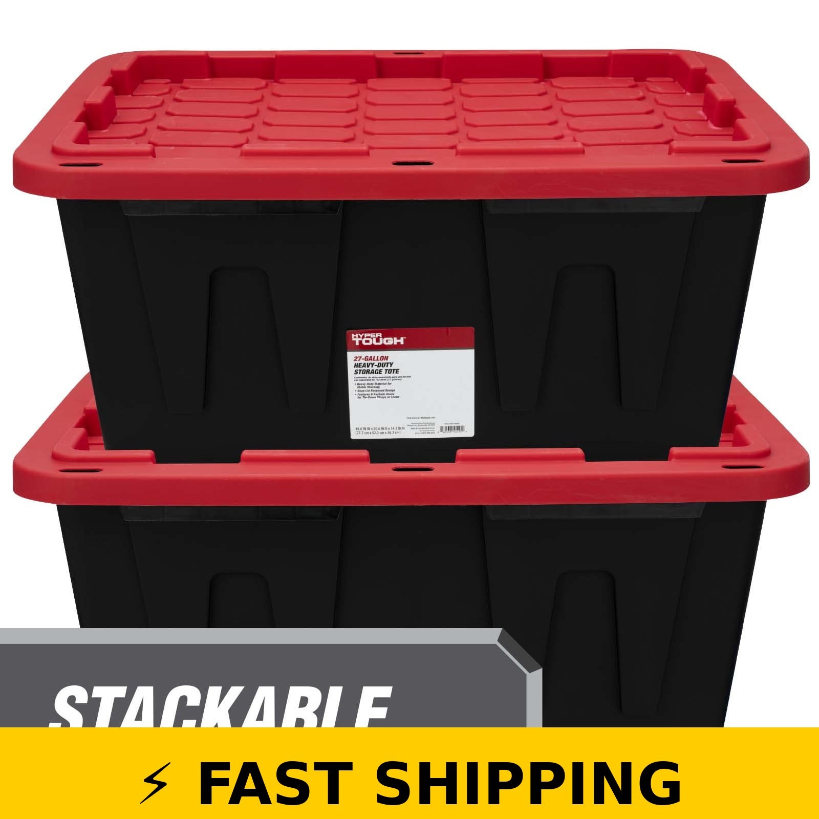 Hyper Tough 27 Gallon Storage Bin with Snap Lid, Black and Red