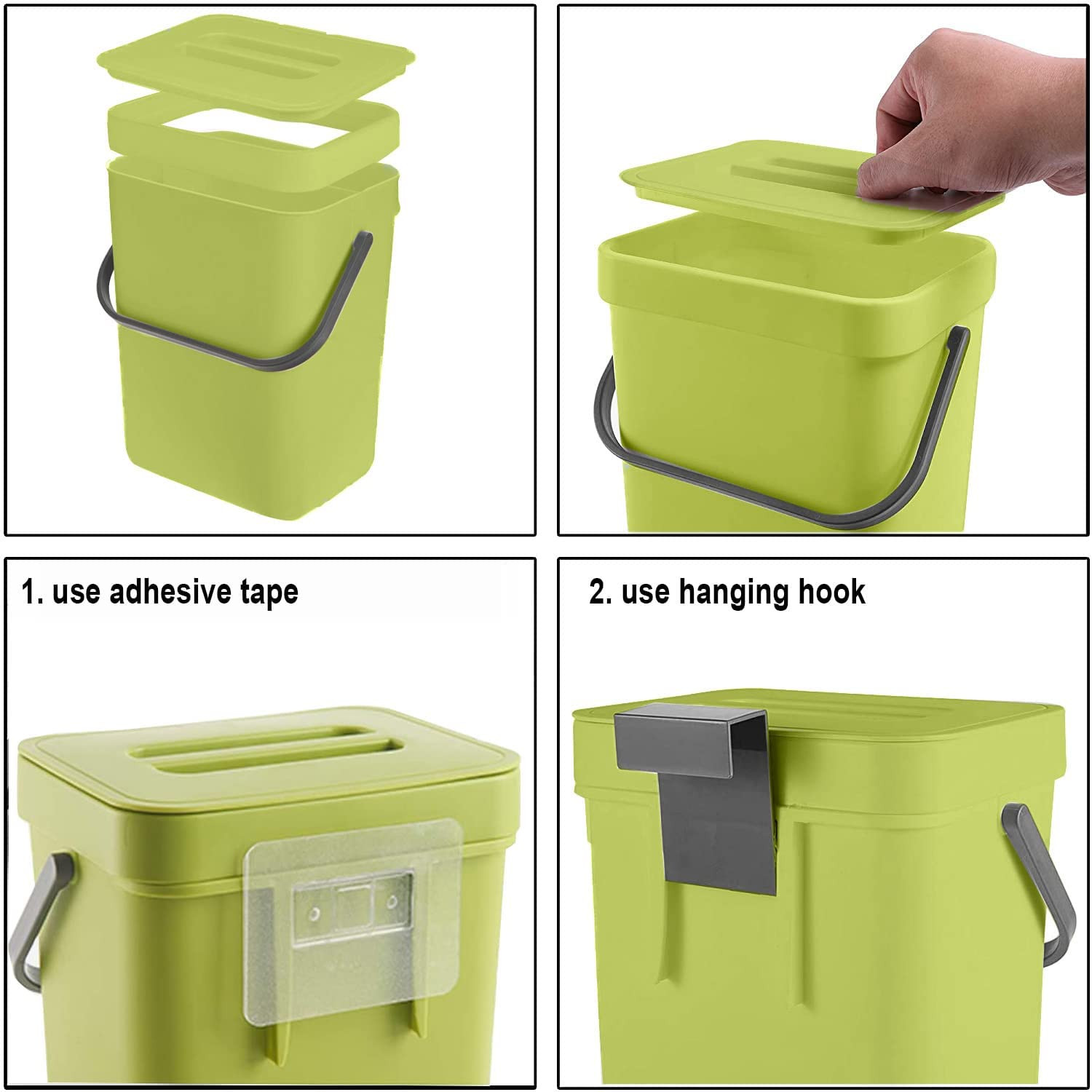 Green 5L 1.3 Gal Small Hanging Plastic Trash Can Compost Food Waste Bin
